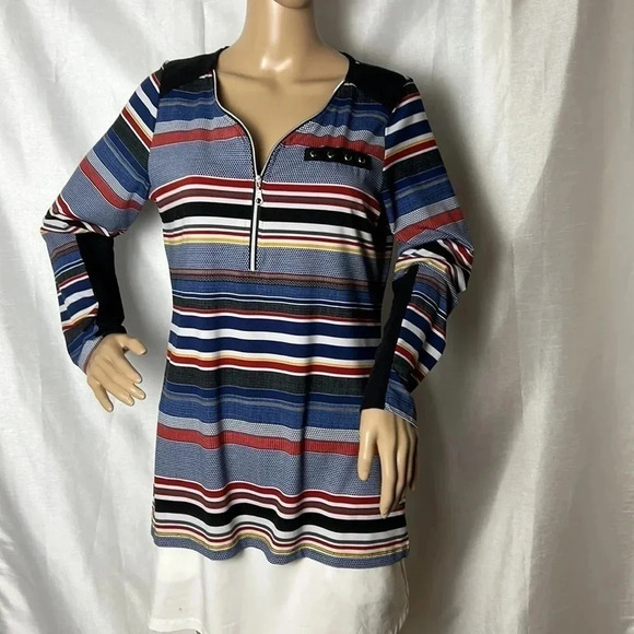 LE GRENIER striped blouse,front 3/4 zip,faux laced pocket, velvet  patches. - Picture 4 of 12